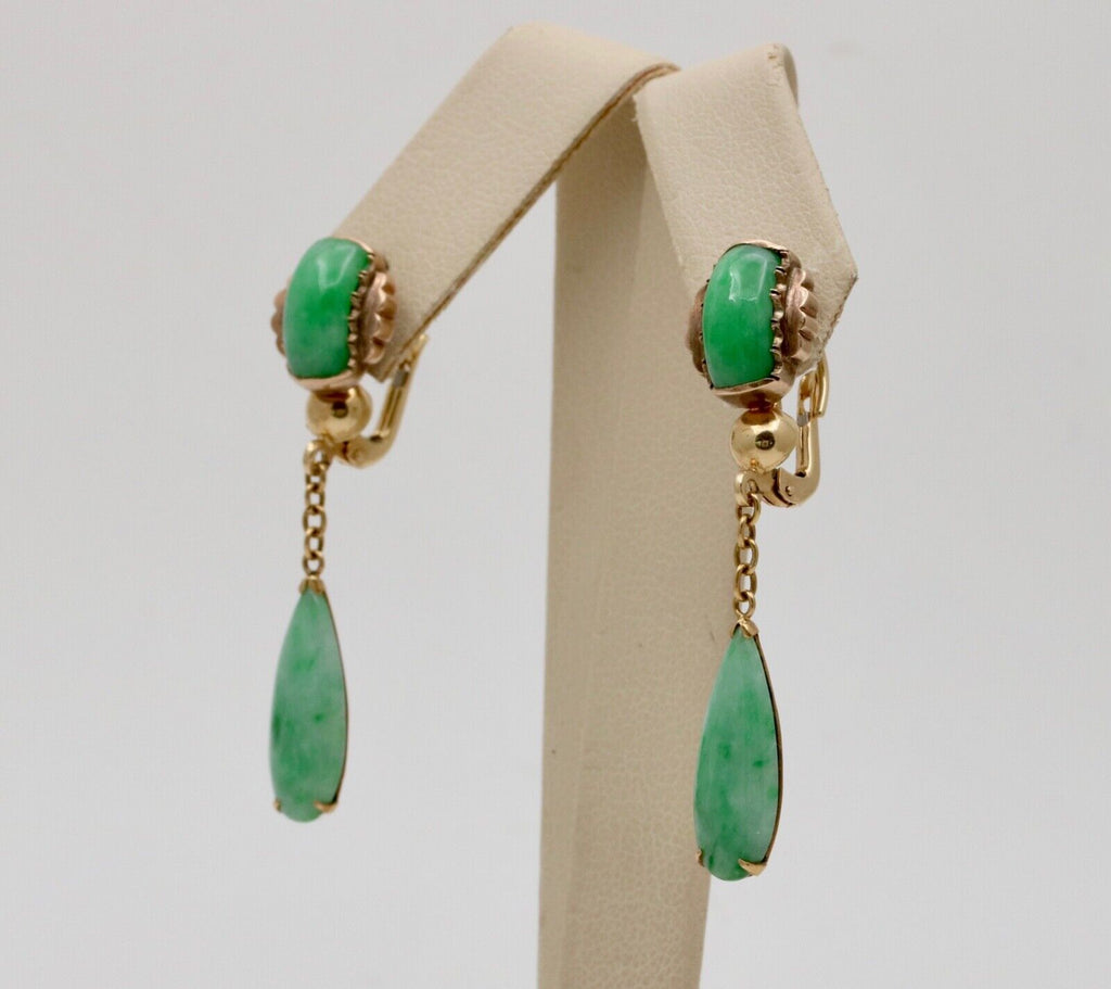 Vintage Bohemian Style 14K Yellow Gold Jadeite Jade Dangling Earring