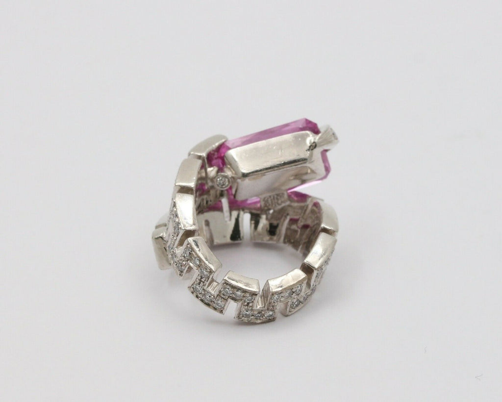 Amazing Rectangle Pink Topaz Spiral Snake Platinum Ring, Statement Ring