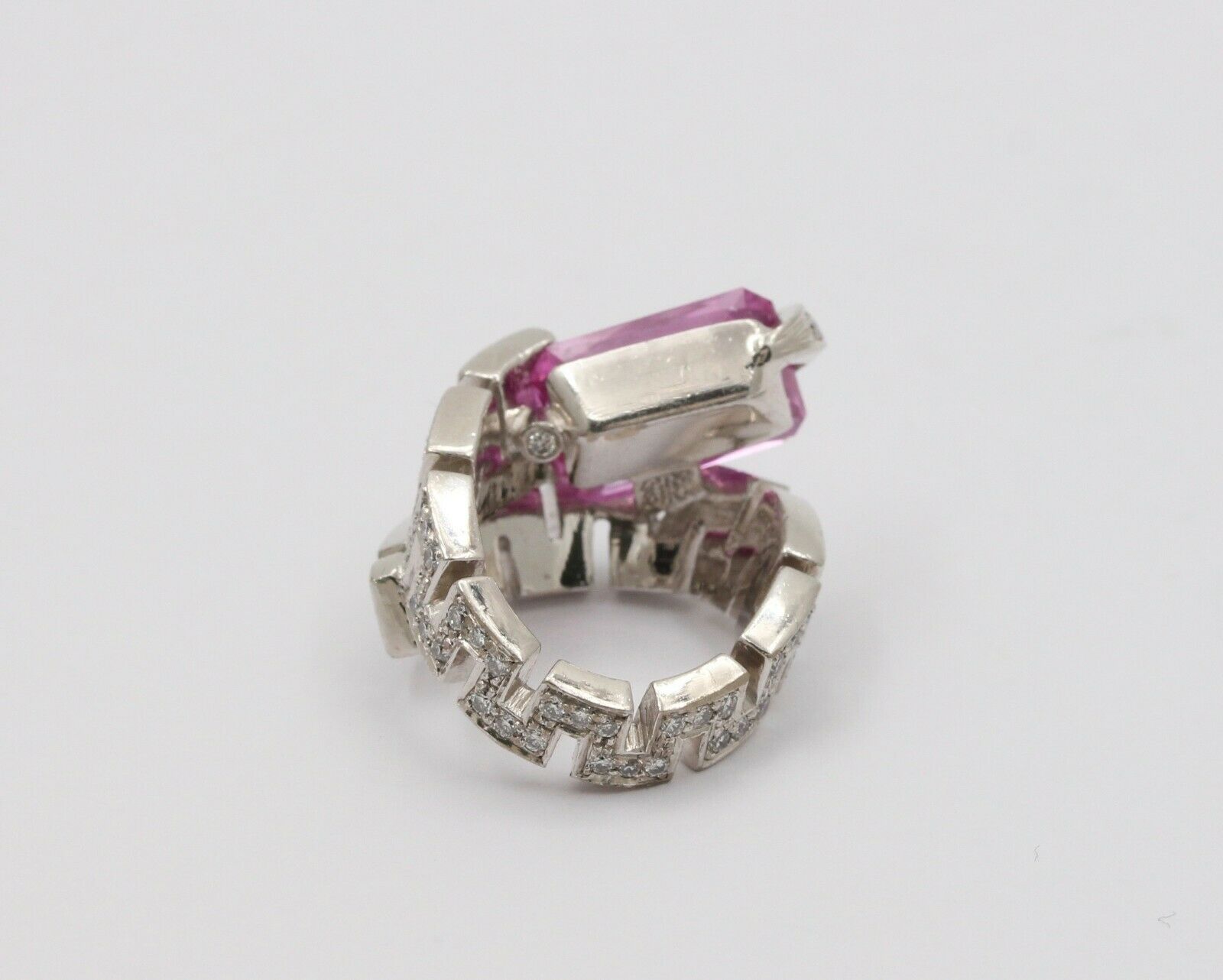 Amazing Rectangle Pink Topaz Spiral Snake Platinum Ring, Statement Ring
