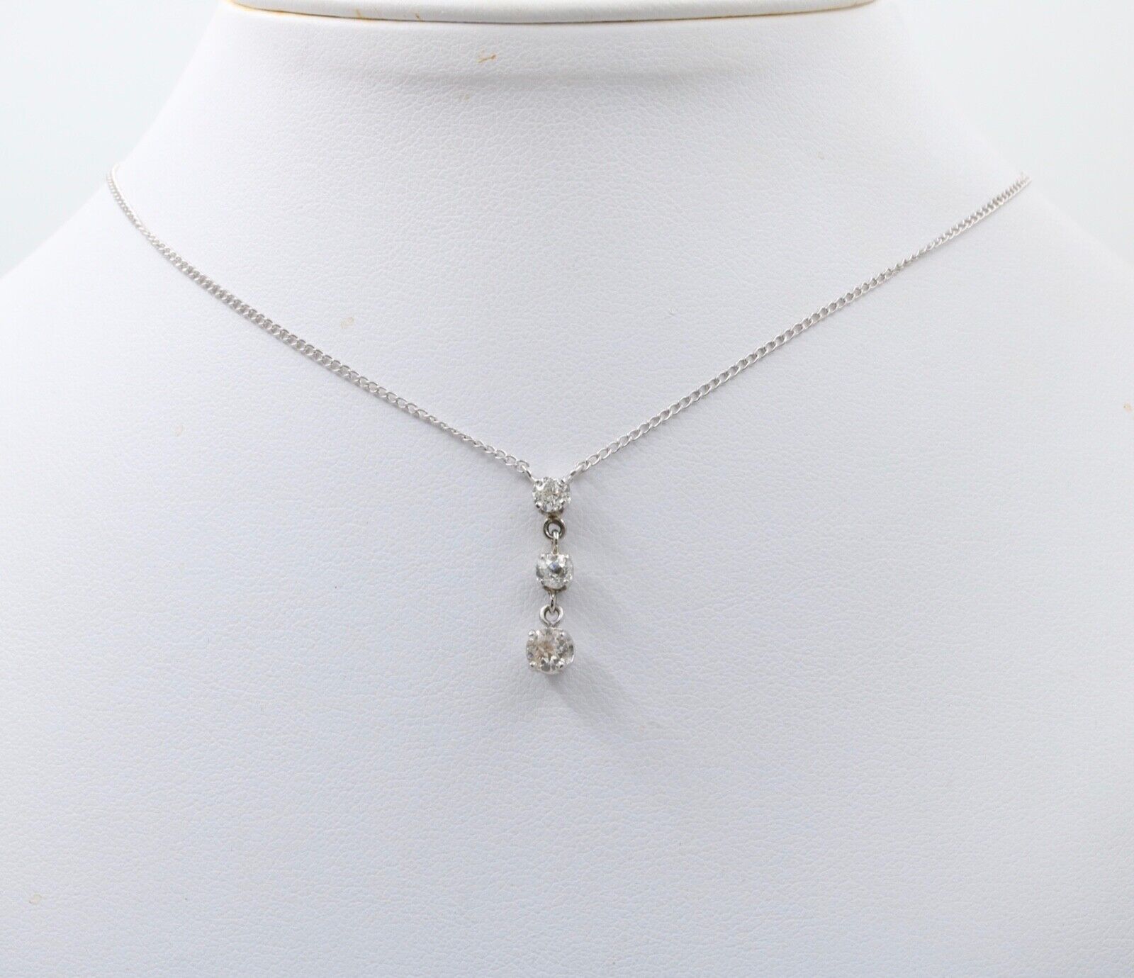 Vintage 14K White Gold Three Diamond Pendant, Necklace