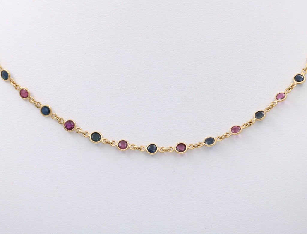 Vintage 14K Yellow Gold Ruby And Sapphire By The Yard Necklace. Station Necklace