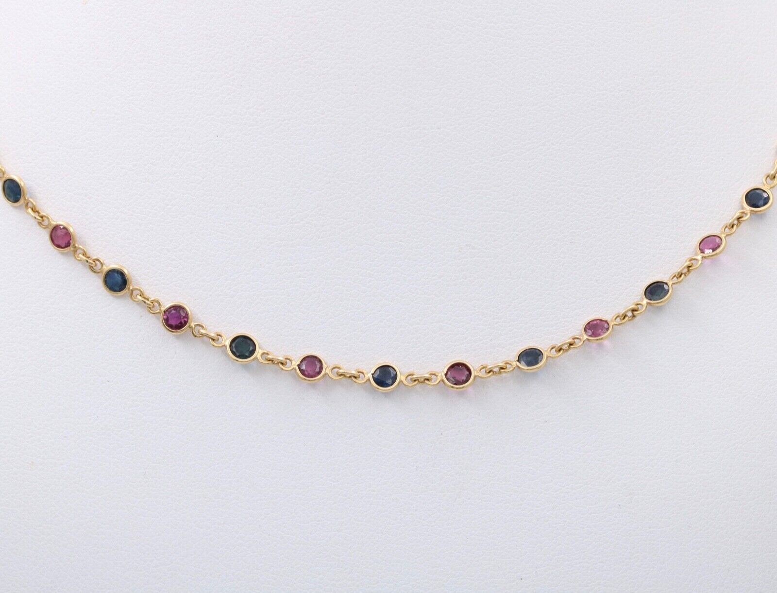 Vintage 14K Yellow Gold Ruby And Sapphire By The Yard Necklace. Station Necklace