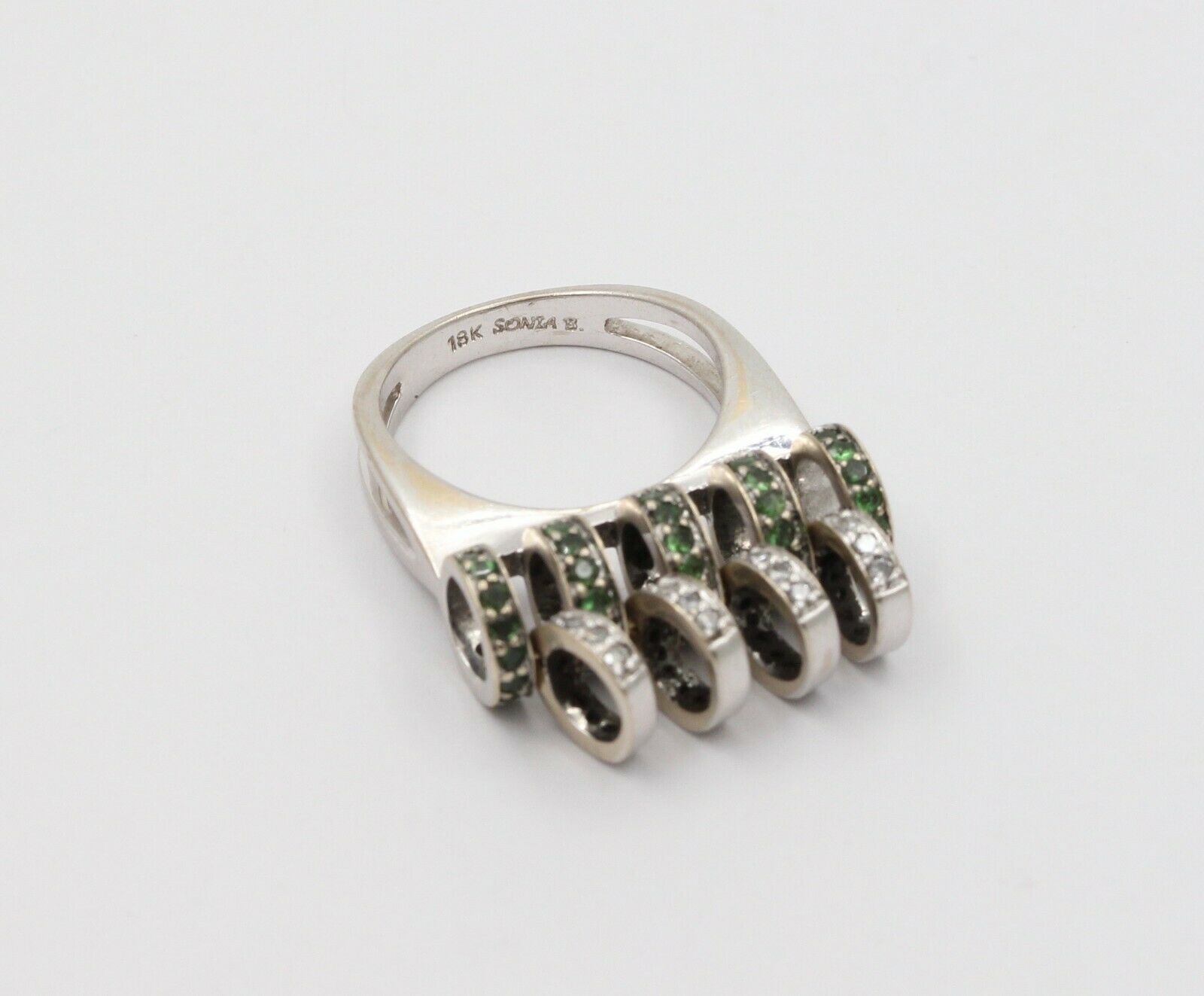 Sonia B 18K White Gold Interactive Diamonds and Green Garnet Movable Ring Band.