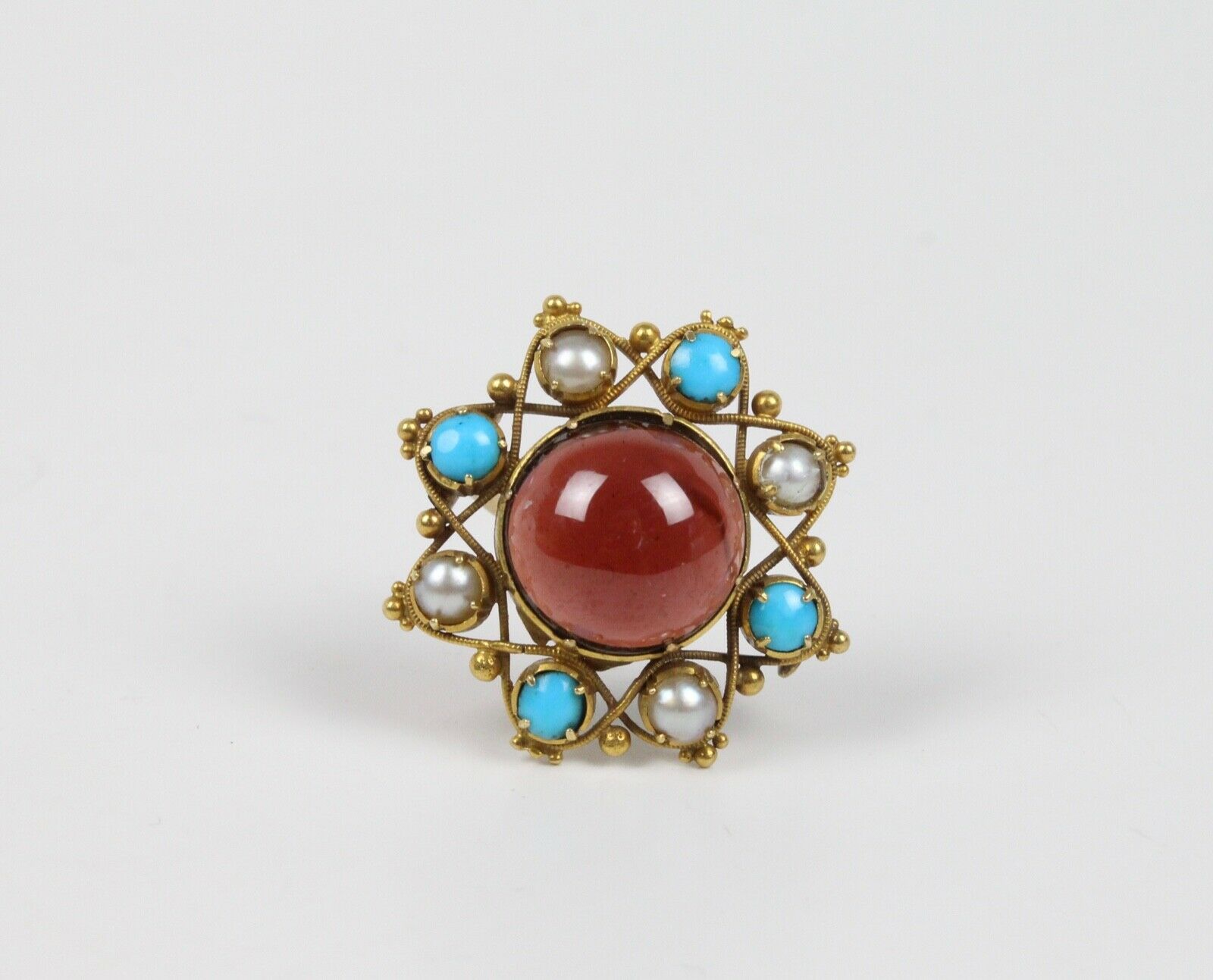 Vintage Tourmaline 14K Yellow Gold Seed Pearls Turquoise Brooch Pin