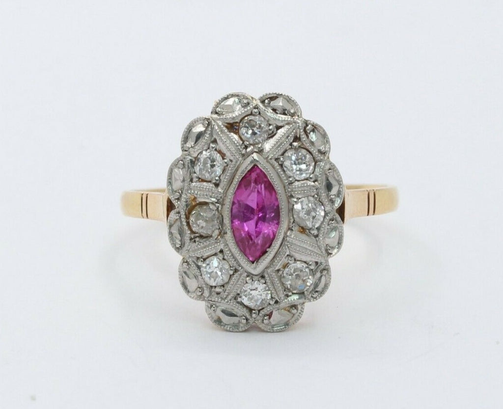 Victorian 18K Yellow Gold and Platinum Diamond Pink Sapphire Ring