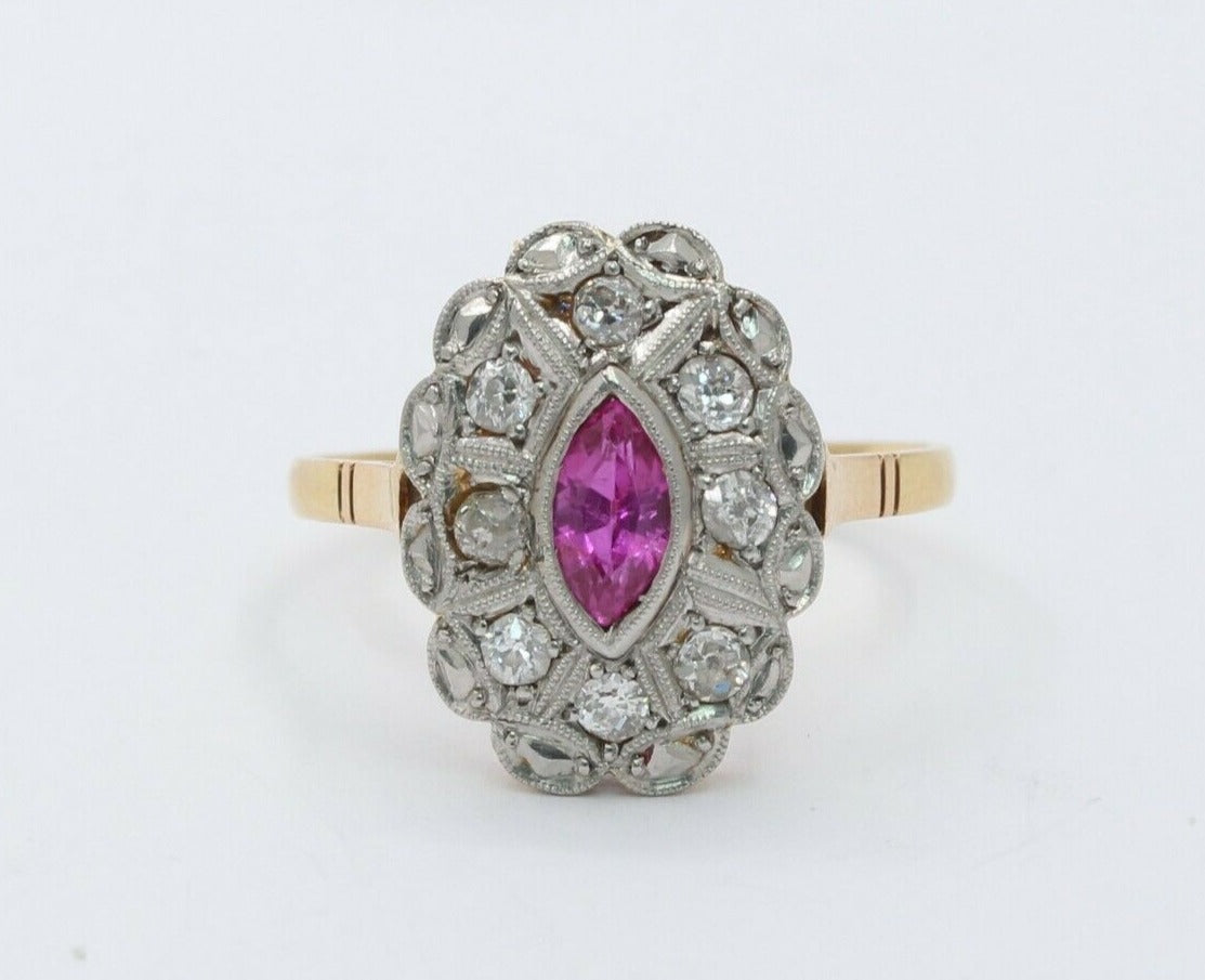 Victorian 18K Yellow Gold and Platinum Diamond Pink Sapphire Ring