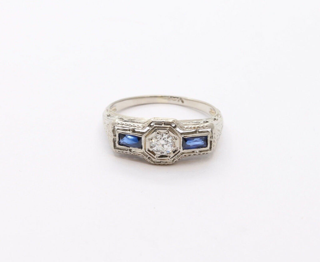 Art Deco 18K White Gold Diamond & Synthetic Sapphire Ring