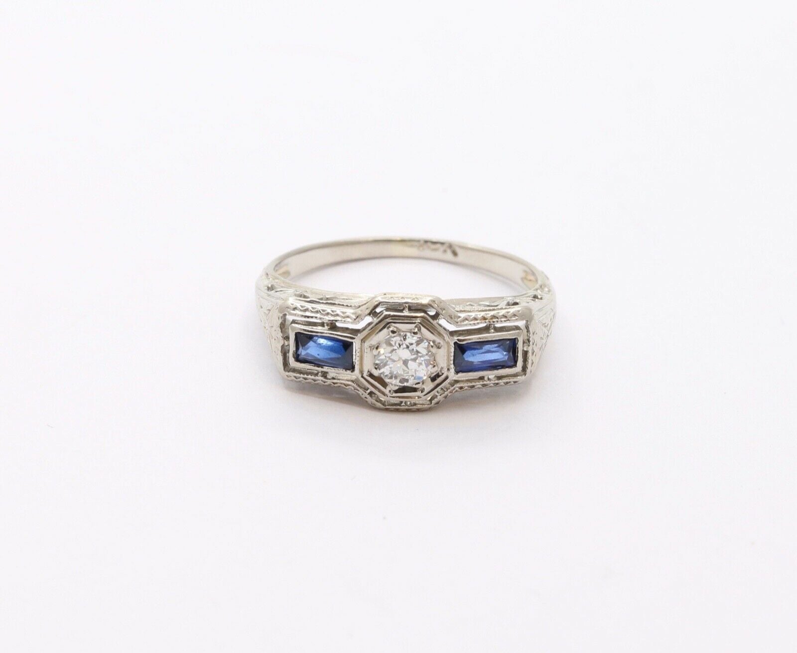 Art Deco 18K White Gold Diamond & Synthetic Sapphire Ring