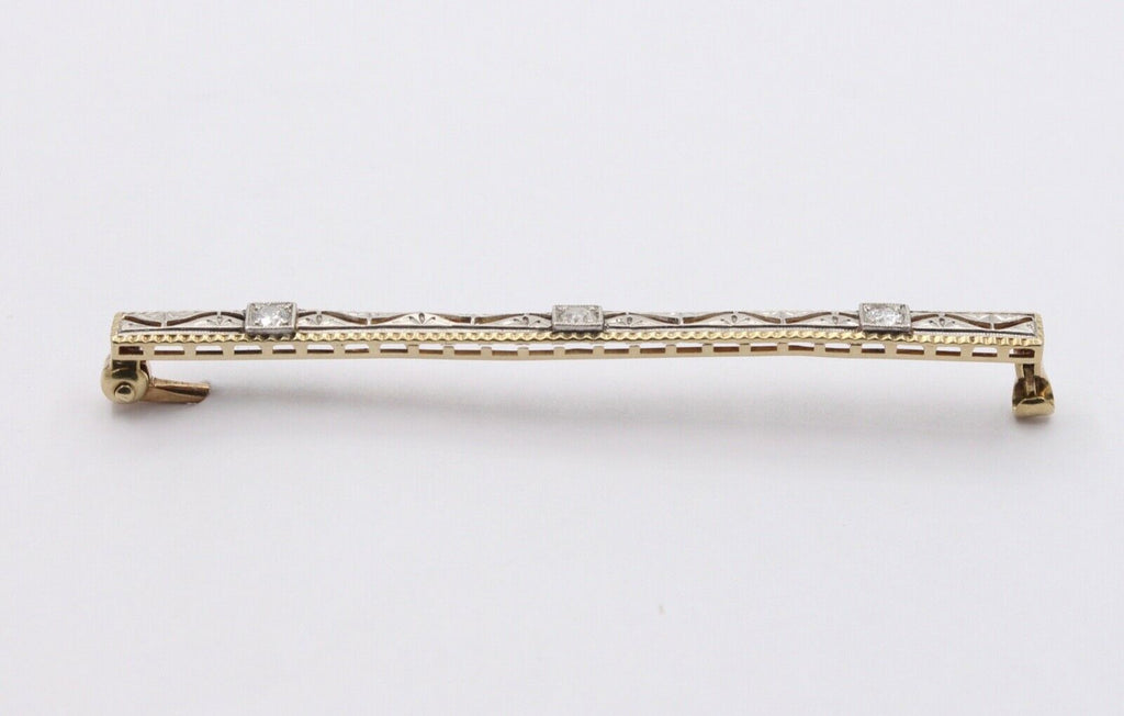 Art Deco 14K White Yellow Gold Diamonds Bar Brooch Pin