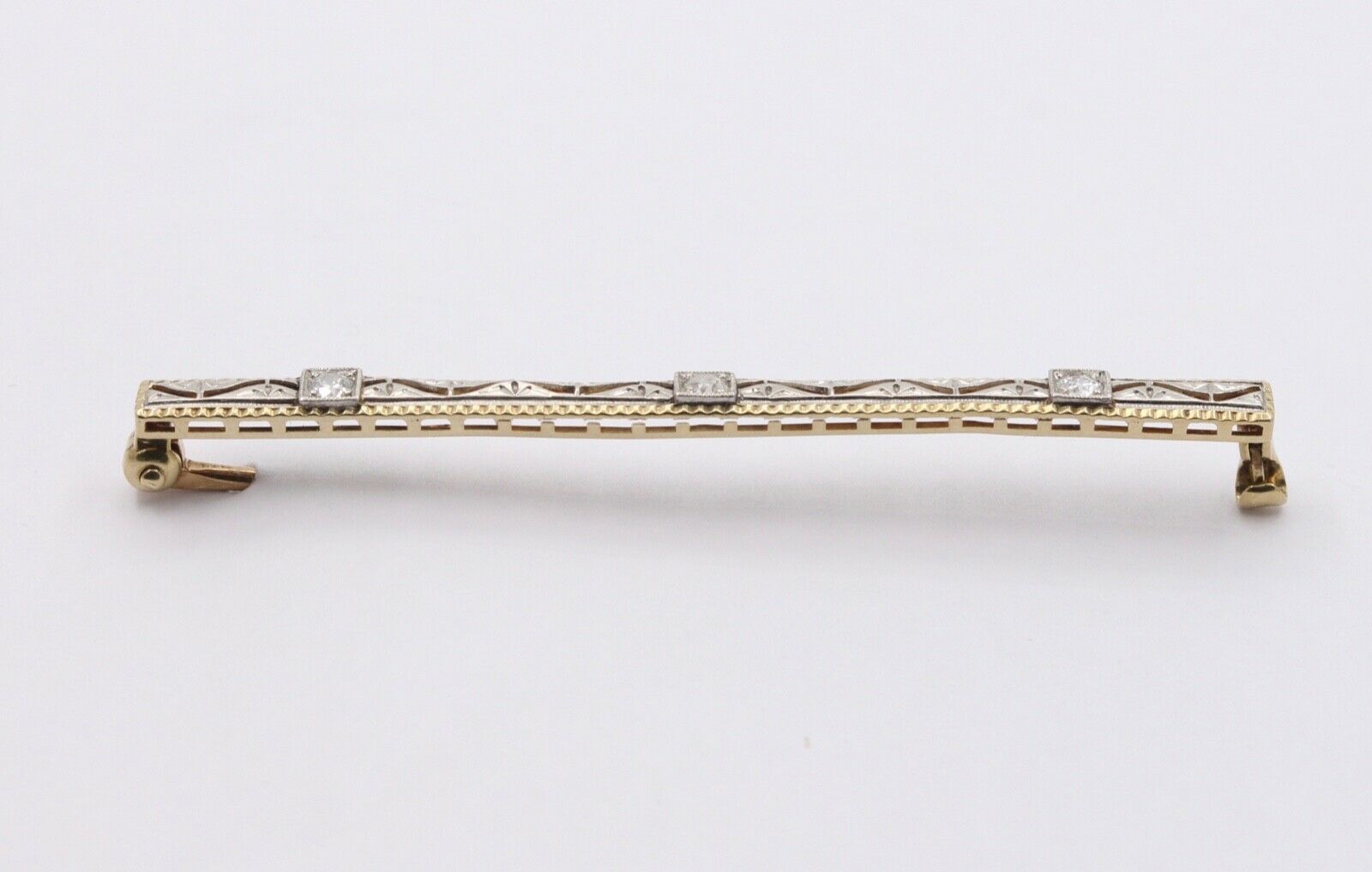 Art Deco 14K White Yellow Gold Diamonds Bar Brooch Pin