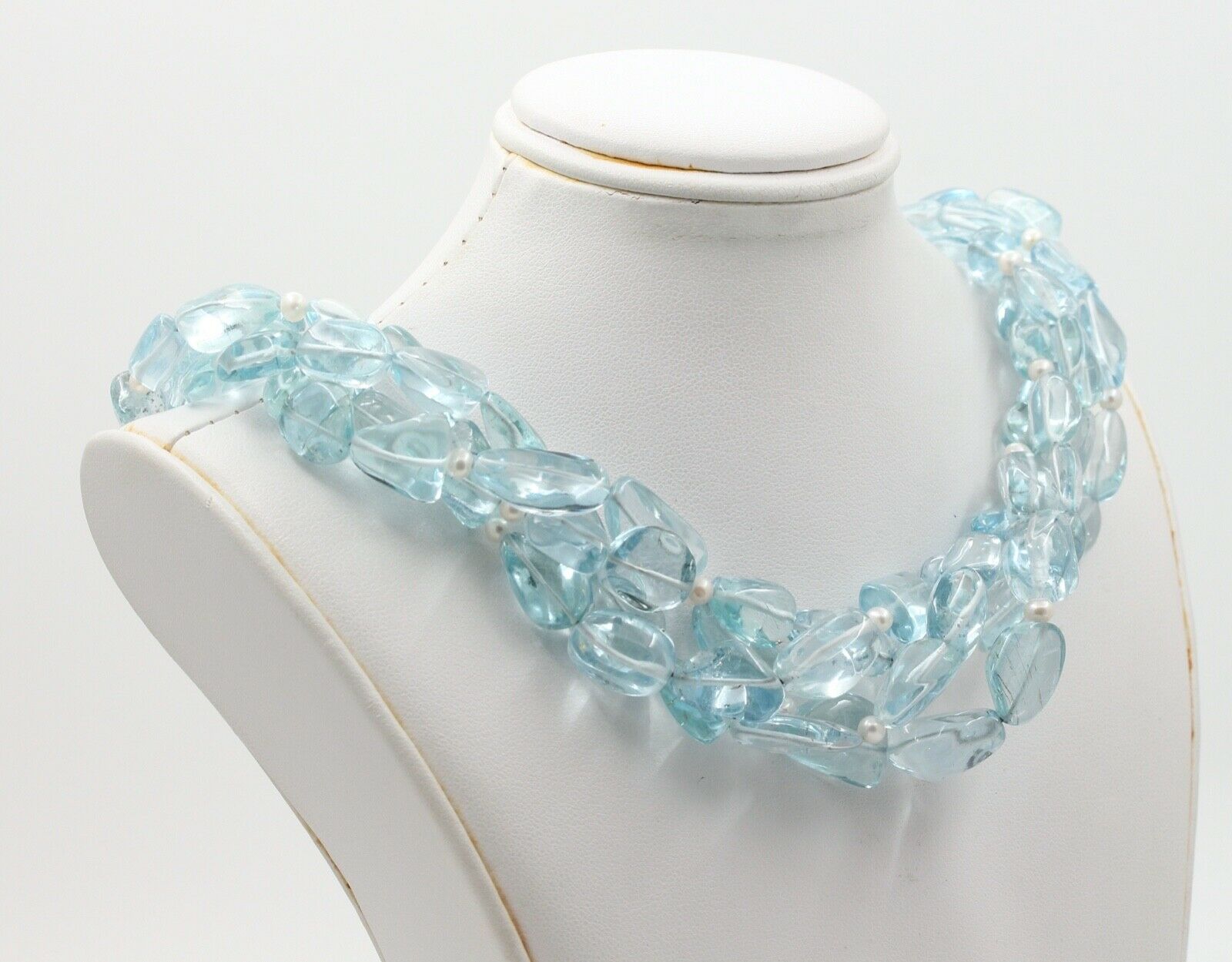 Vintage Sterling Silver Aquamarine Bead Pearl Quadruple Strand Necklace