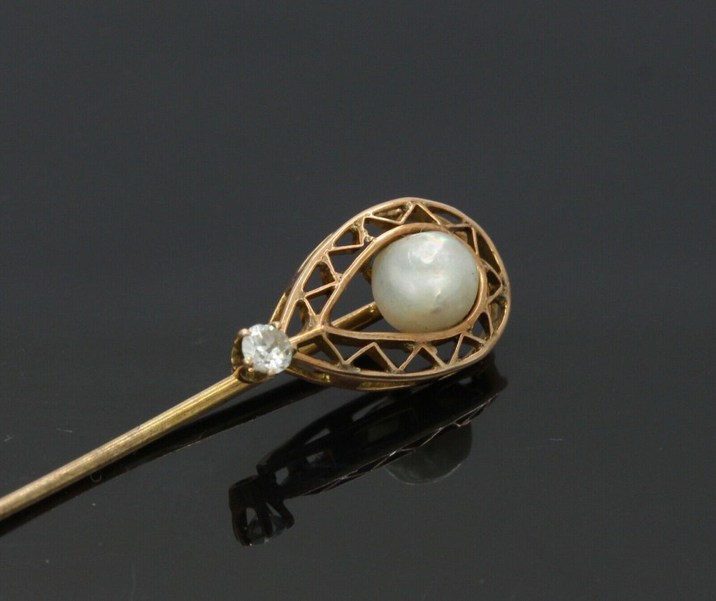 Victorian Ladies 14K Yellow Gold Pearl Diamond Stick Pin