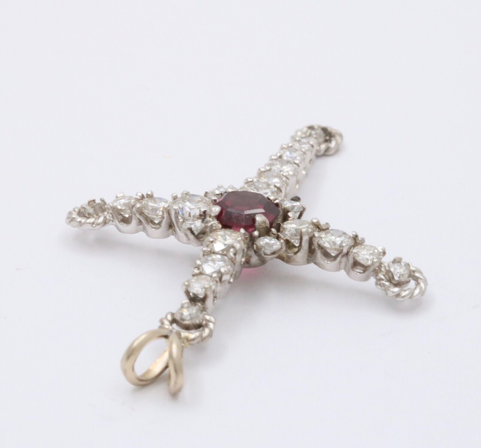 Vintage 10K White Gold Diamond & Rhodolite Garnet Cross Pendant Necklace