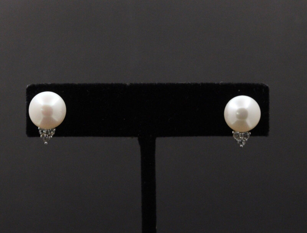 Classic 10K Yellow Gold 9.8 mm Pearl & Diamond Studs Earrings,