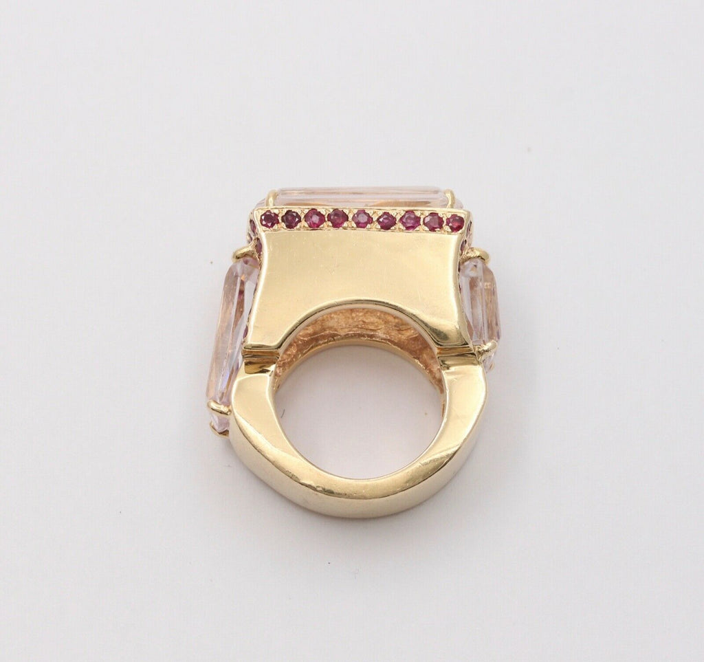 Striking 14K Yellow Gold Pink Kunzite And Ruby Tank Ring, Statement Ring