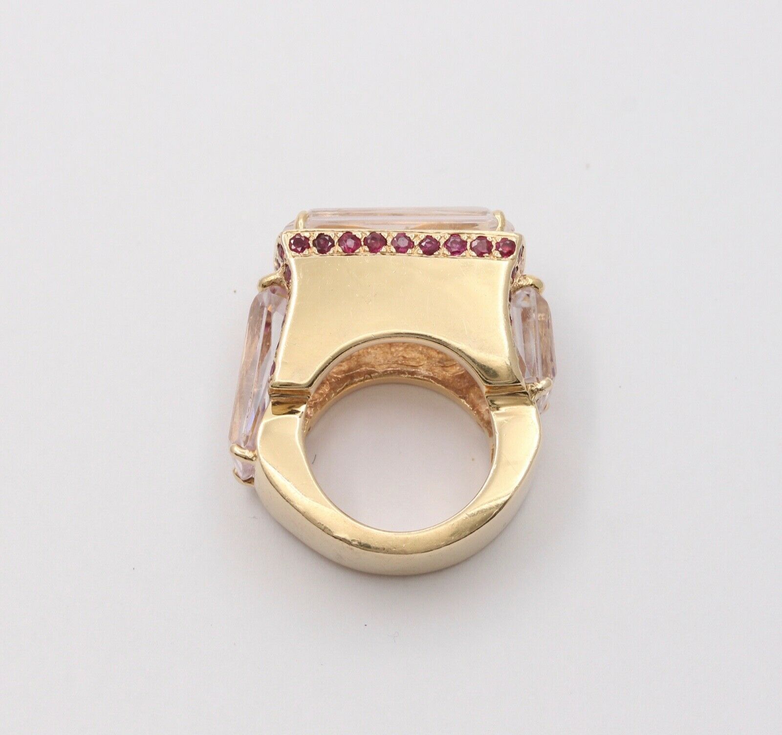 Striking 14K Yellow Gold Pink Kunzite And Ruby Tank Ring, Statement Ring