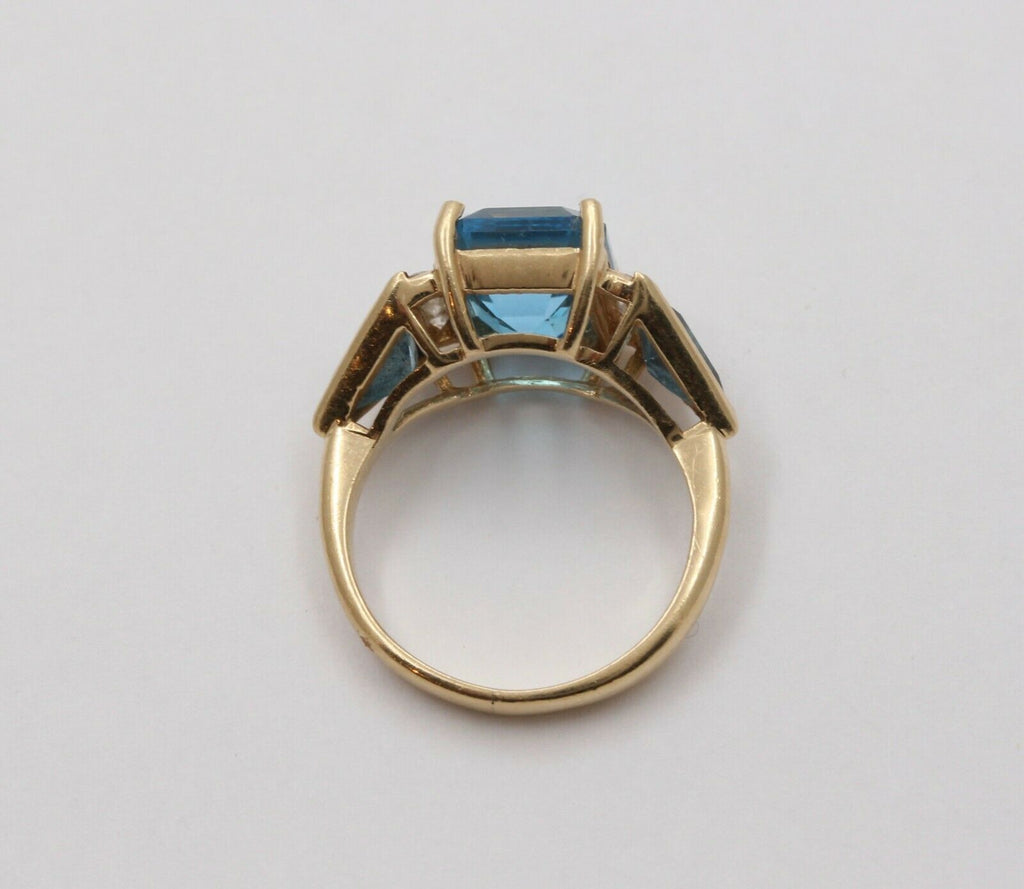 Vintage Emerald-cut London Blue Topaz 14K Yellow Gold Diamond Ring, Cocktail Rin