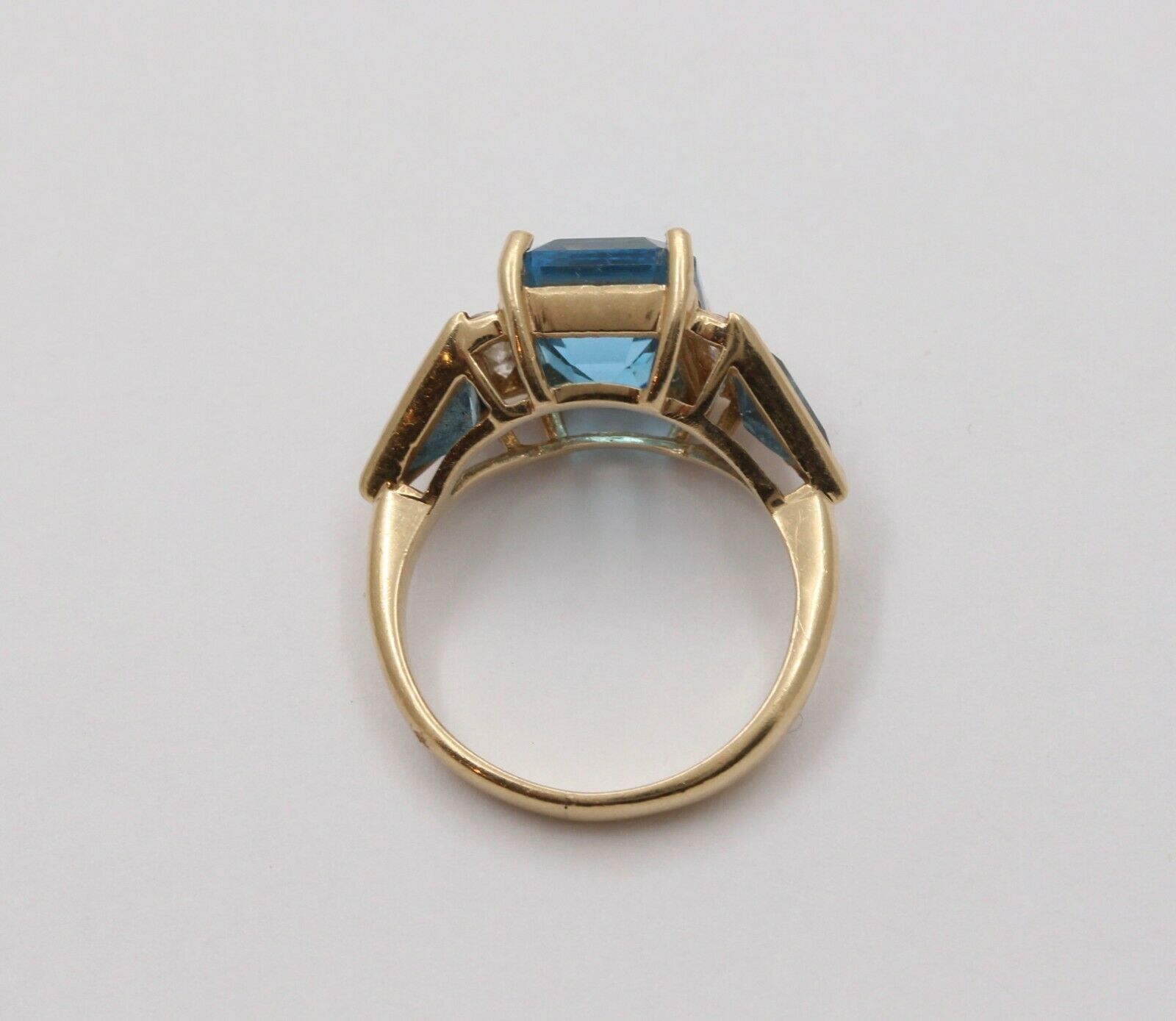 Vintage Emerald-cut London Blue Topaz 14K Yellow Gold Diamond Ring, Cocktail Rin