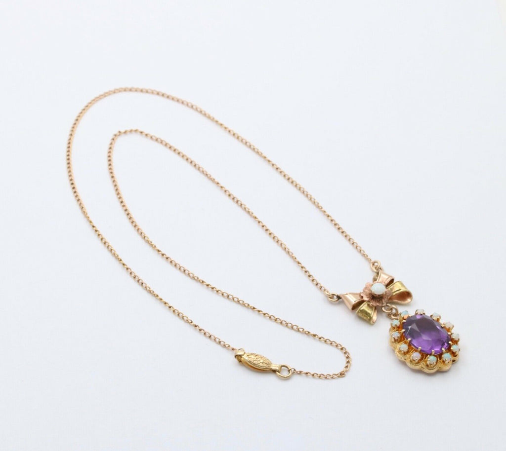 Vintage Bow Amethyst Opals 10K Yellow Gold Pendant and Chain