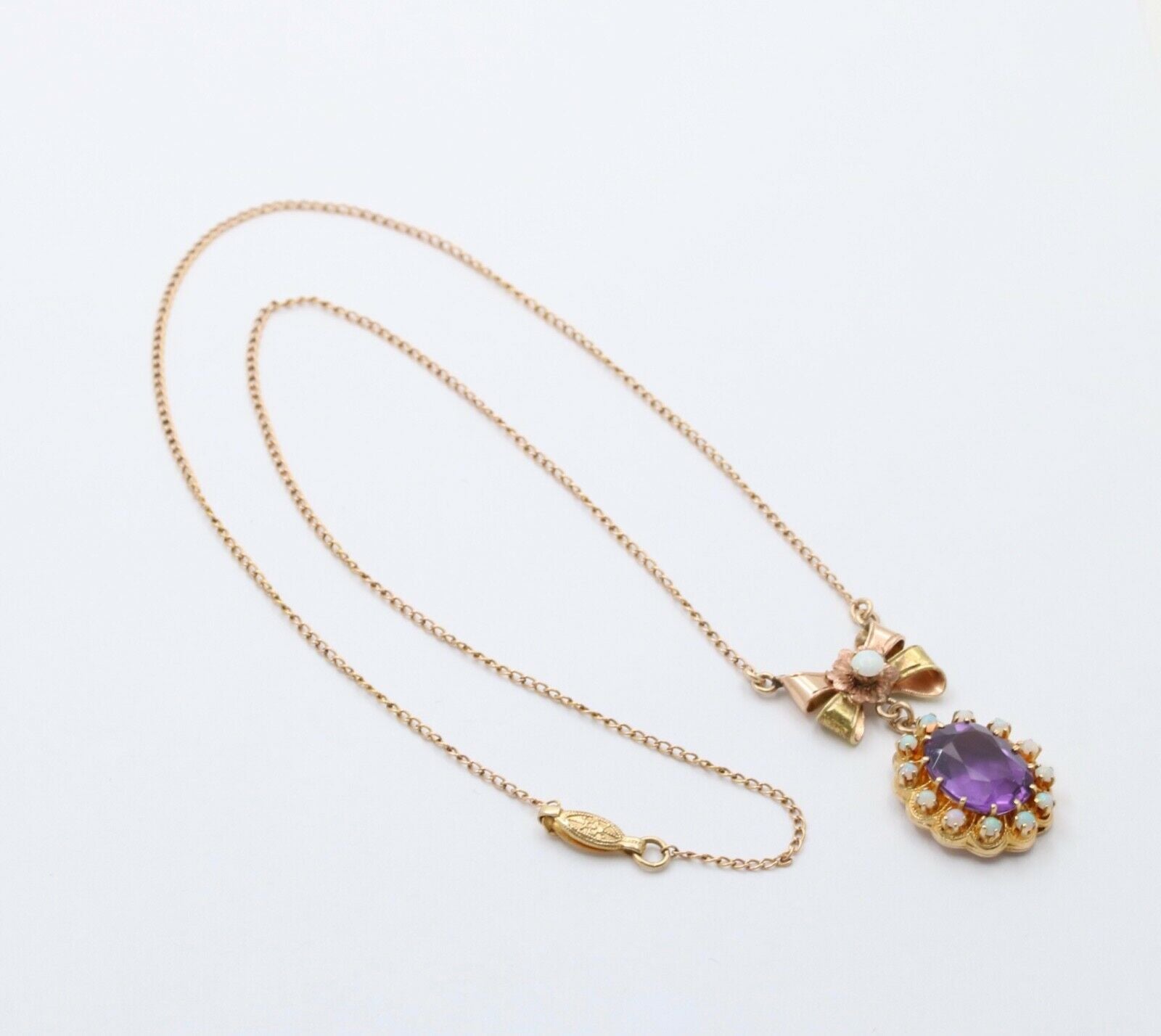 Vintage Bow Amethyst Opals 10K Yellow Gold Pendant and Chain