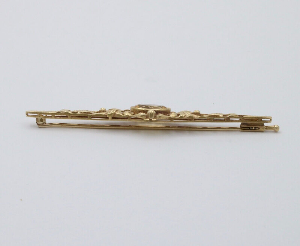 Antique Art Nouveau 14K Yellow Gold Citrine Bar Brooch, Pin