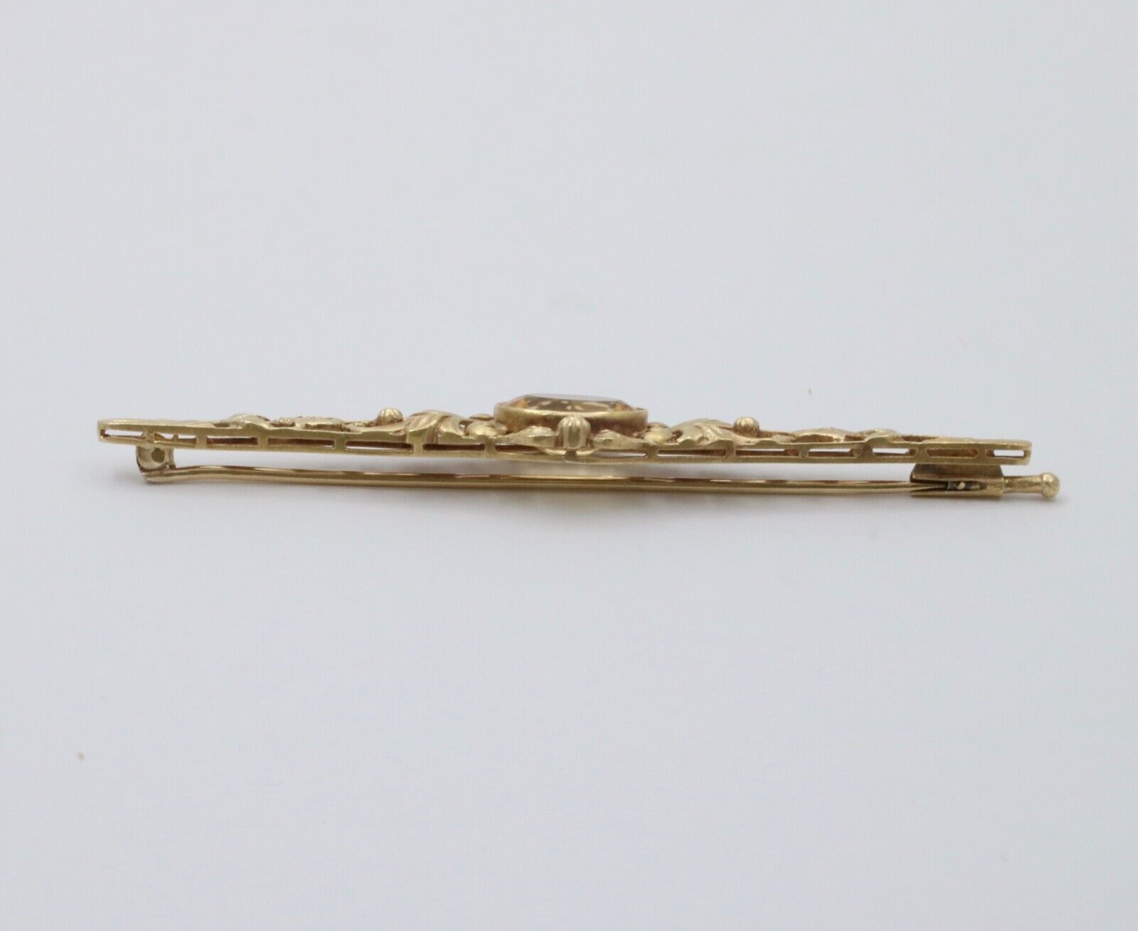 Antique Art Nouveau 14K Yellow Gold Citrine Bar Brooch, Pin