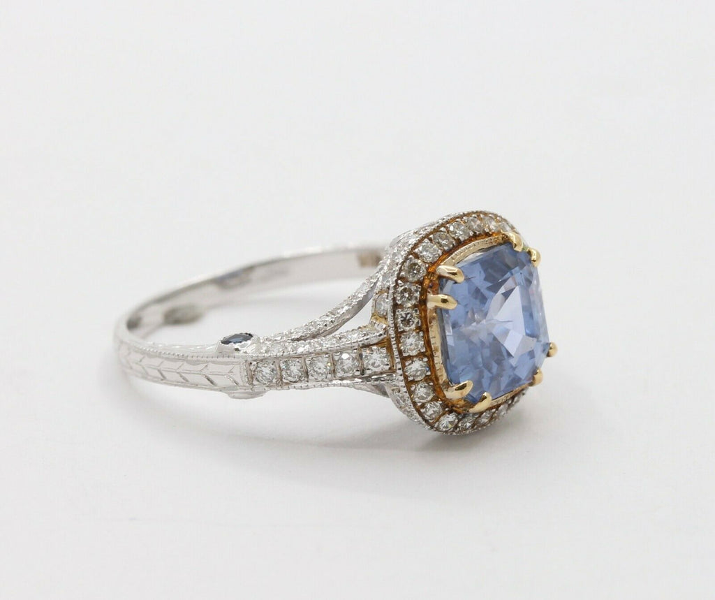 Vintage 18K White Gold Halo Setting Natural Sapphire Diamond Alternative Engagem