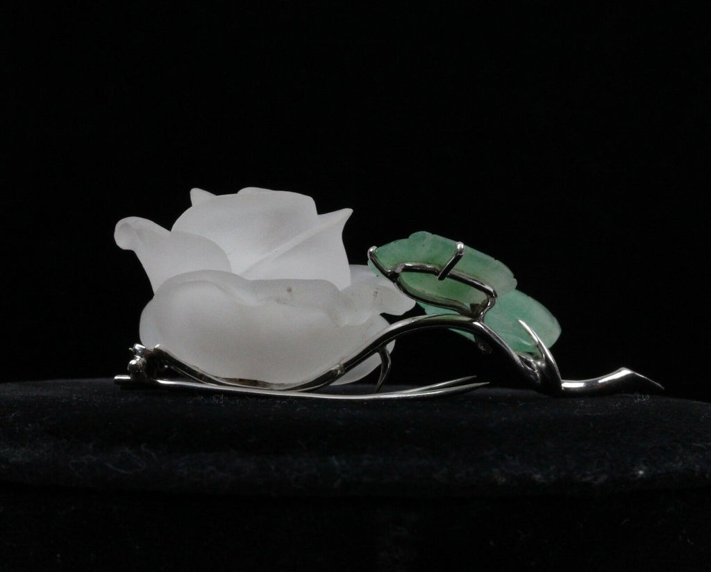 Vintage 14K White Gold Diamond & Jade Carved Rock Crystal Rose Brooch
