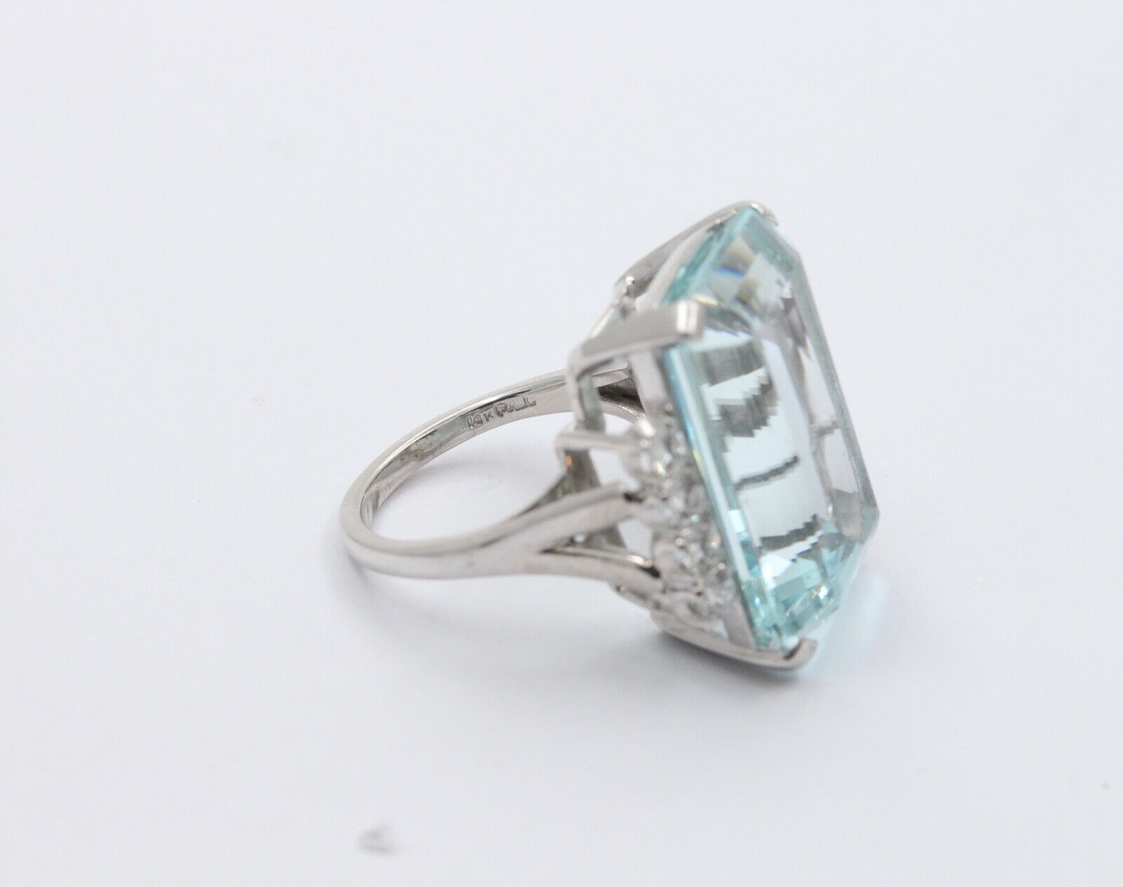 Huge Vintage 14K White Gold 26 Carat Aquamarine Diamond Statement Ring