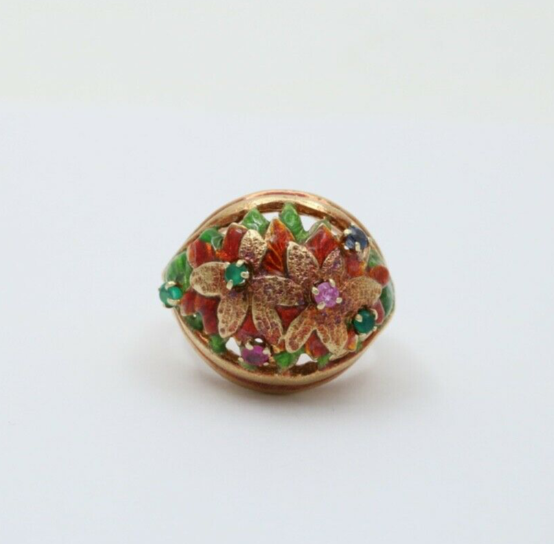 Vintage 14K Yellow Gold Pink Tourmaline, Green Chalcedony and Sapphire Dome Flow
