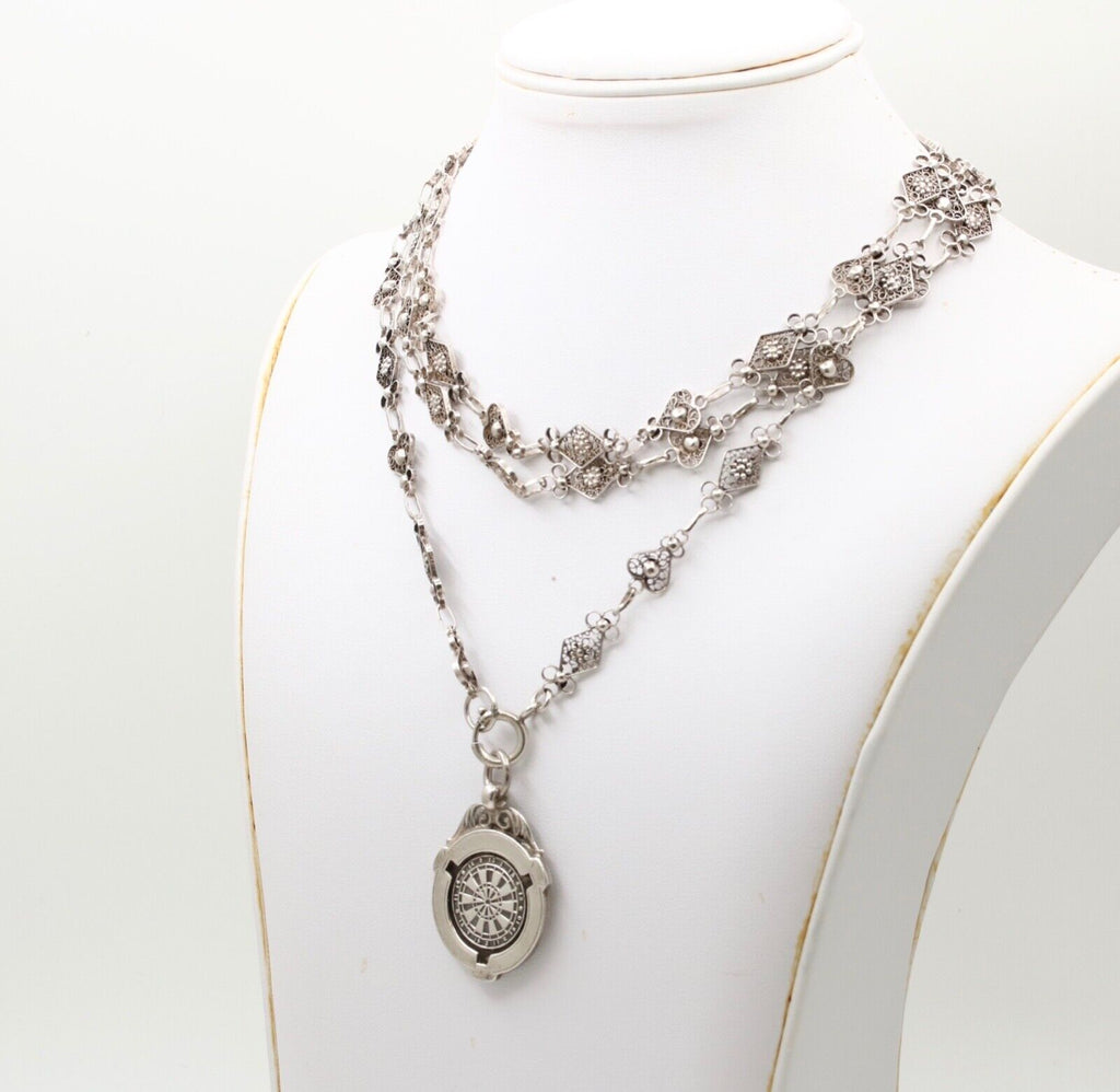 Vintage Sterling Silver French Style Filigree Chain And Darts Pendant Charm