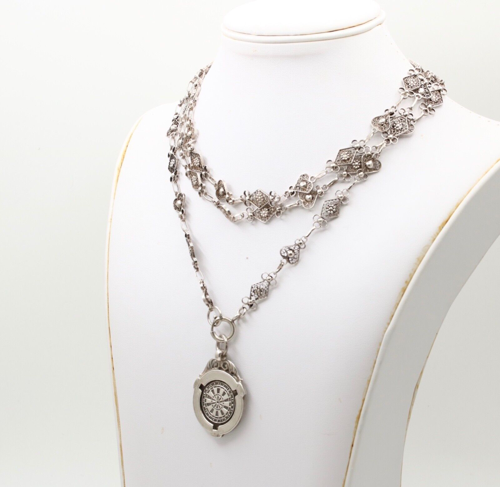 Vintage Sterling Silver French Style Filigree Chain And Darts Pendant Charm