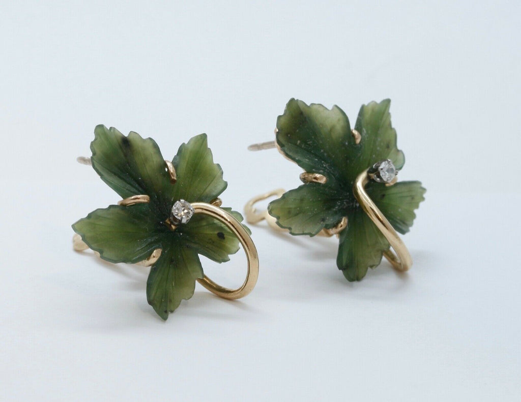 Vintage Carved Jade Diamonds 14K Yellow Gold Earrings
