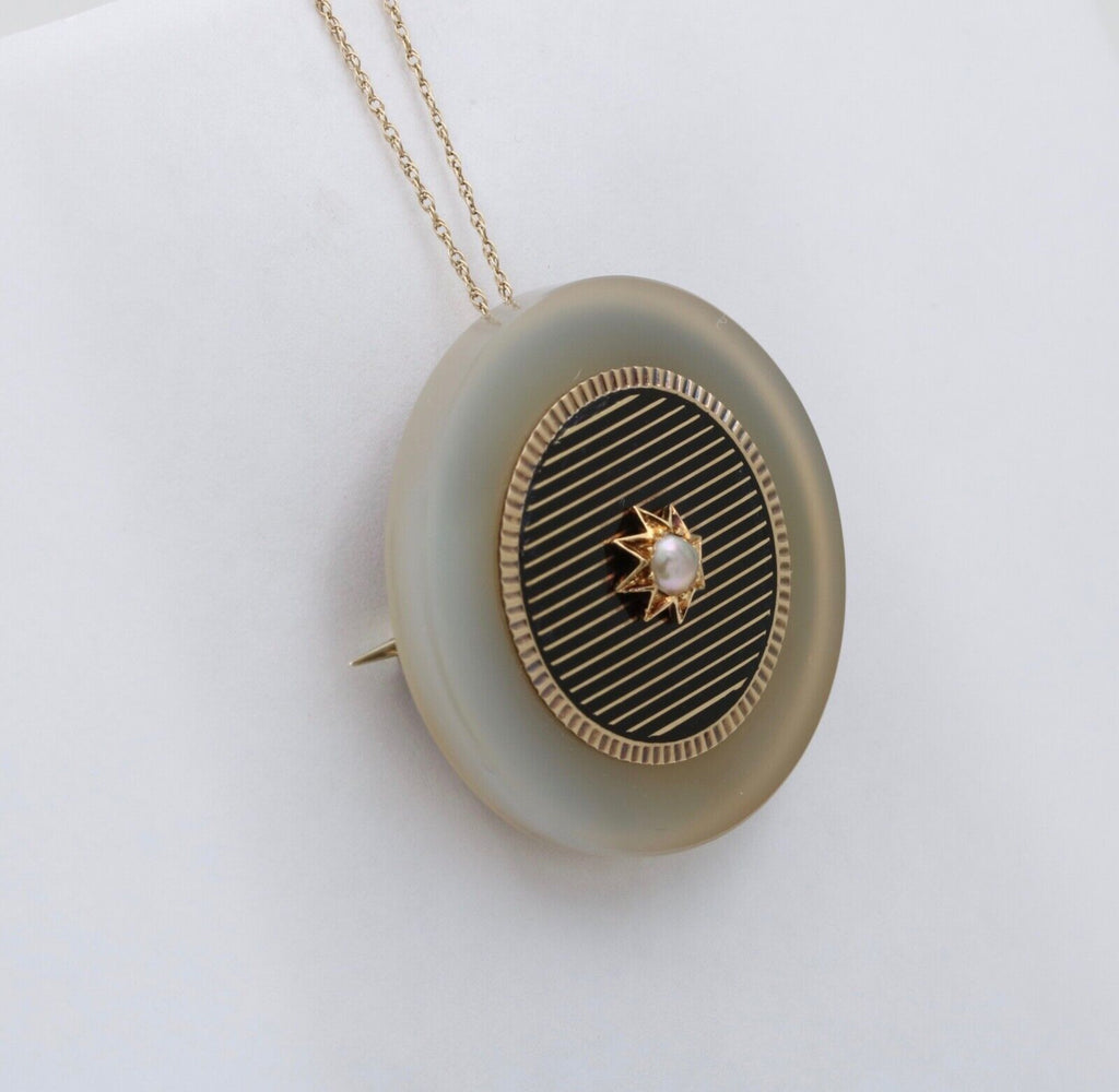Antique 14K Yellow Gold White Agate Desic Black Enamel Brooch, Pendant