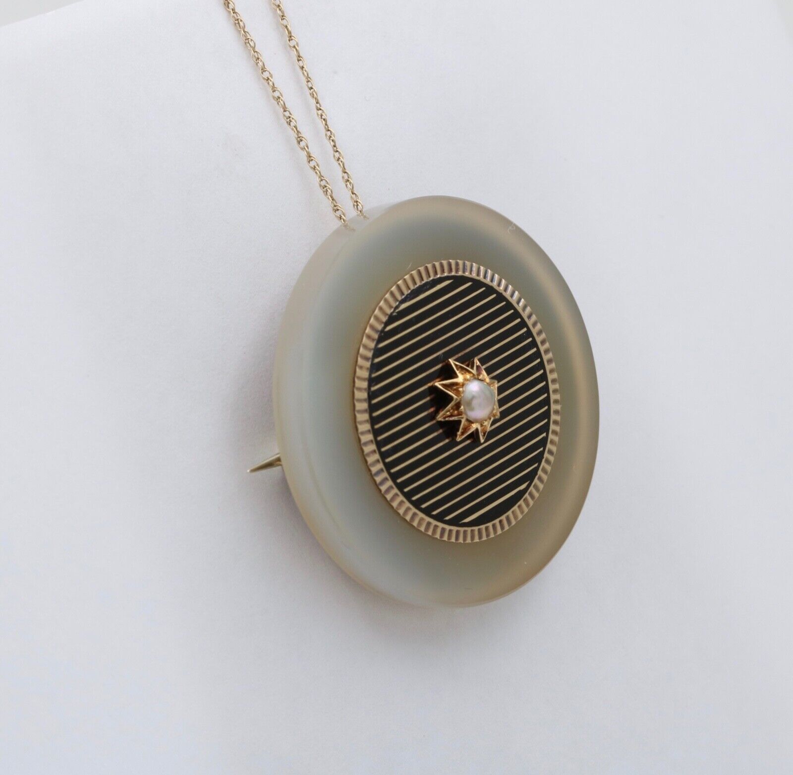 Antique 14K Yellow Gold White Agate Desic Black Enamel Brooch, Pendant