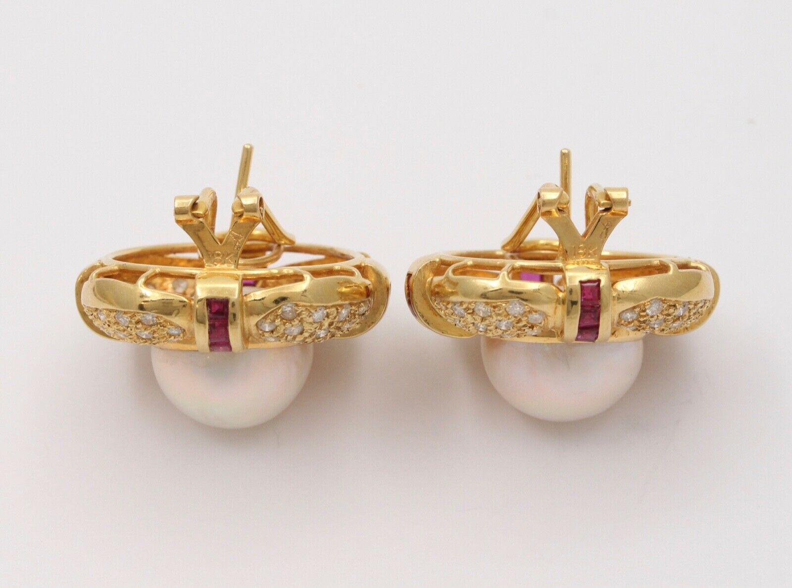 Vintage Mabe Pearl Diamond & Ruby Button Clip Earrings