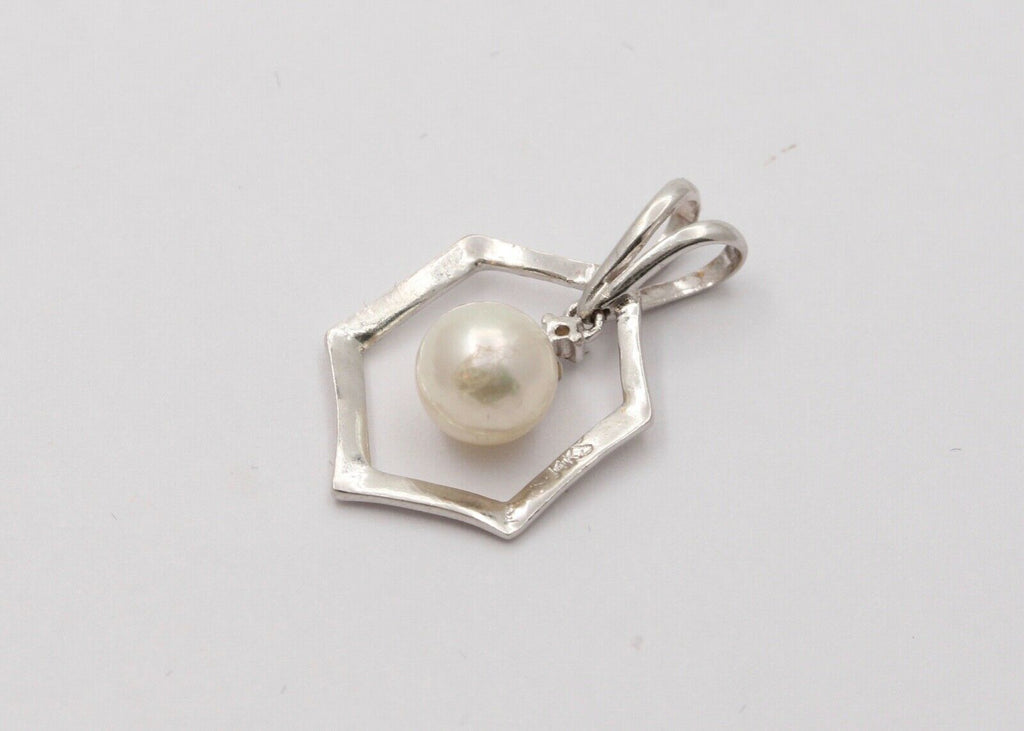 Estate 14K White Gold 6.5 mm Pearl Pendant, Bridal Jewelry.