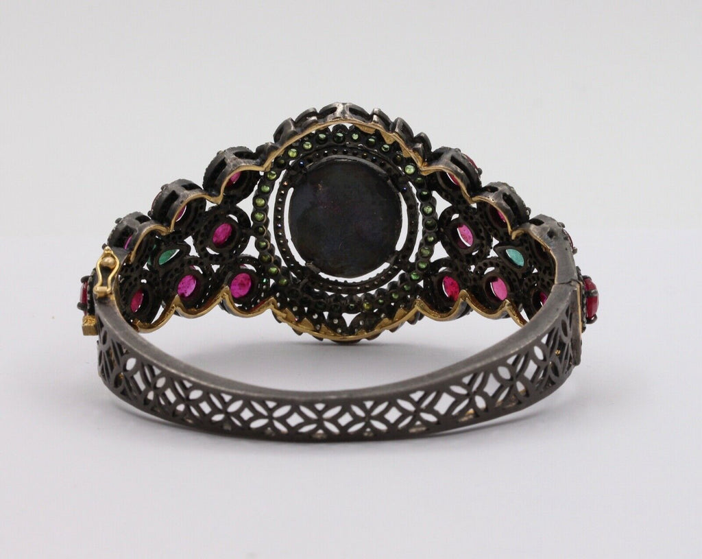Victorian Revival Opal Rubies Emeralds Tsavorite Diamonds 14K Gold 925 Bangle