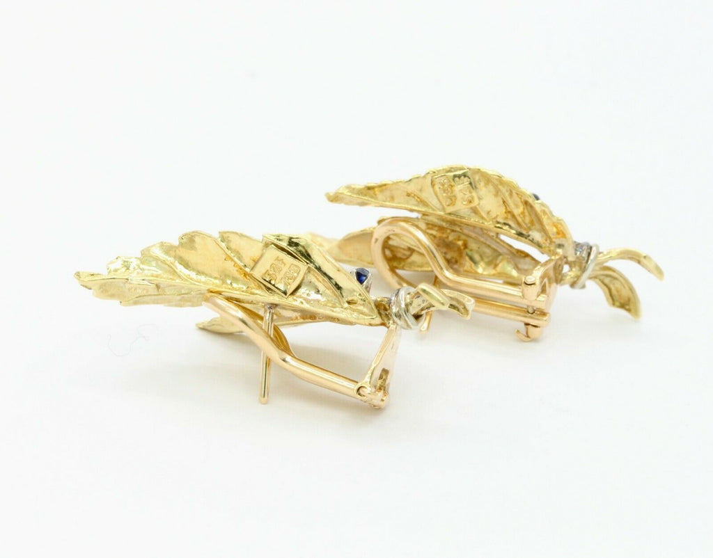 Vintage 18K Yellow Gold Sapphire Leaf Earrings