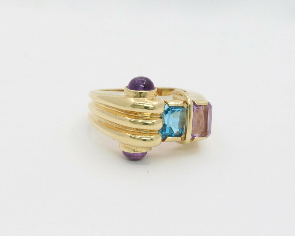 Vintage 14K Yellow Gold Abstract Scroll Blue Topaz & Amethyst Ring
