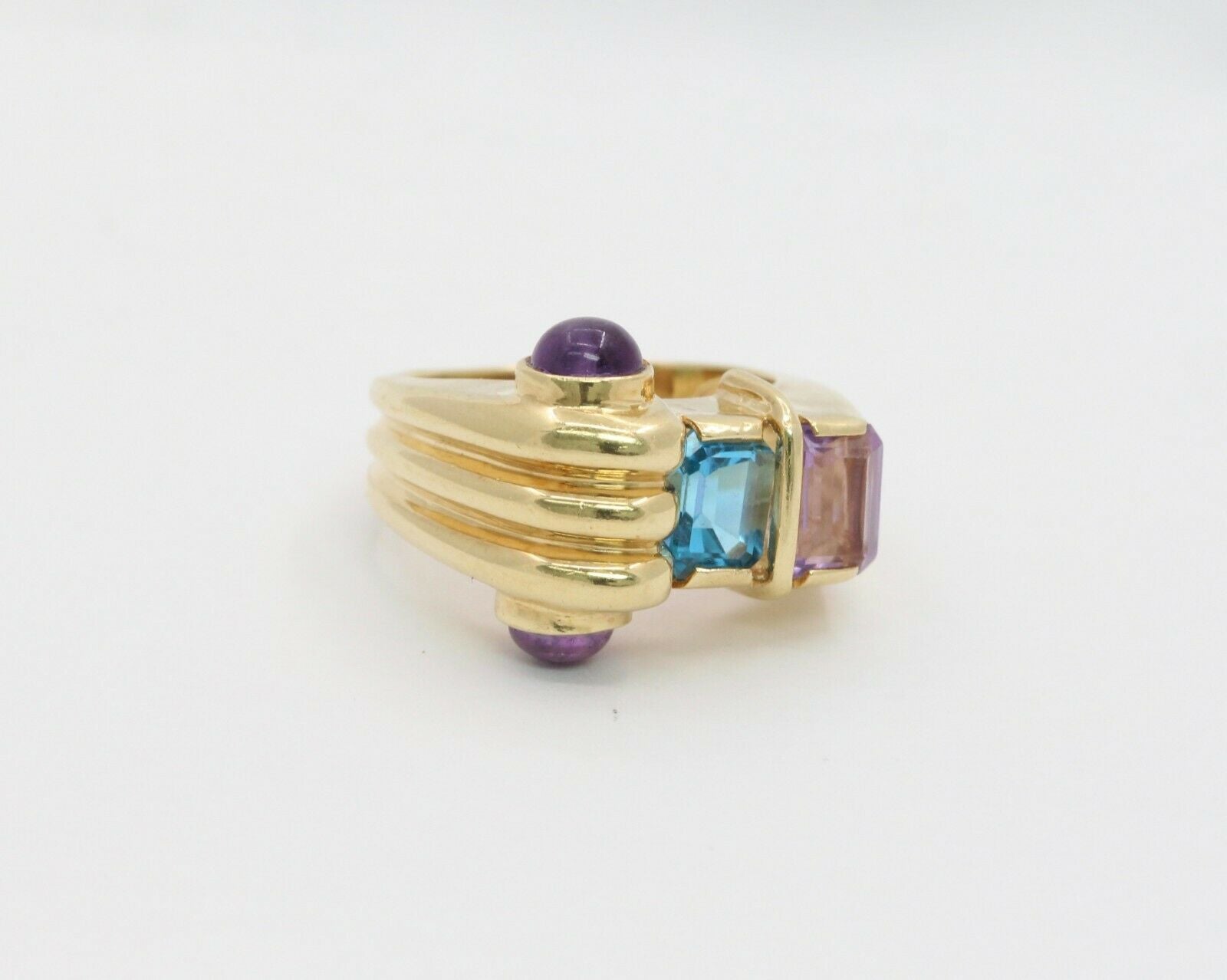 Vintage 14K Yellow Gold Abstract Scroll Blue Topaz & Amethyst Ring