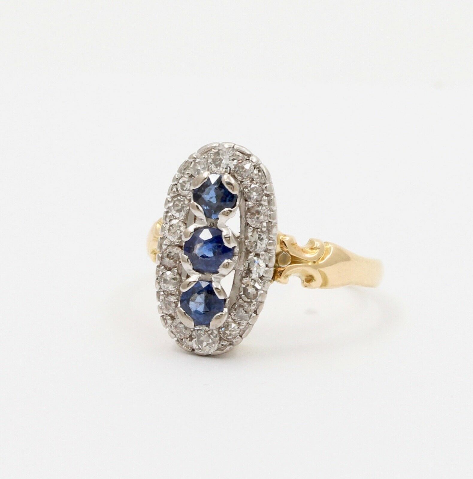 Edwardian Blue Sapphire Diamonds Yellow White Gold Ring