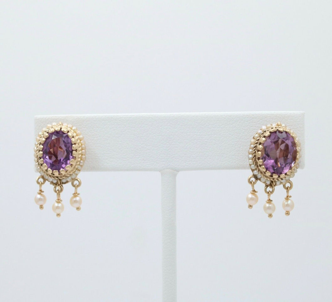 Victorian Revival Amethyst Pearls 14K Yellow Gold Earrings