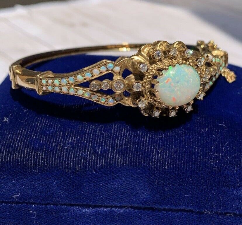 Vintage 14K Yellow Gold Victorian Style Opal and Diamond Bangle, Bracelet.