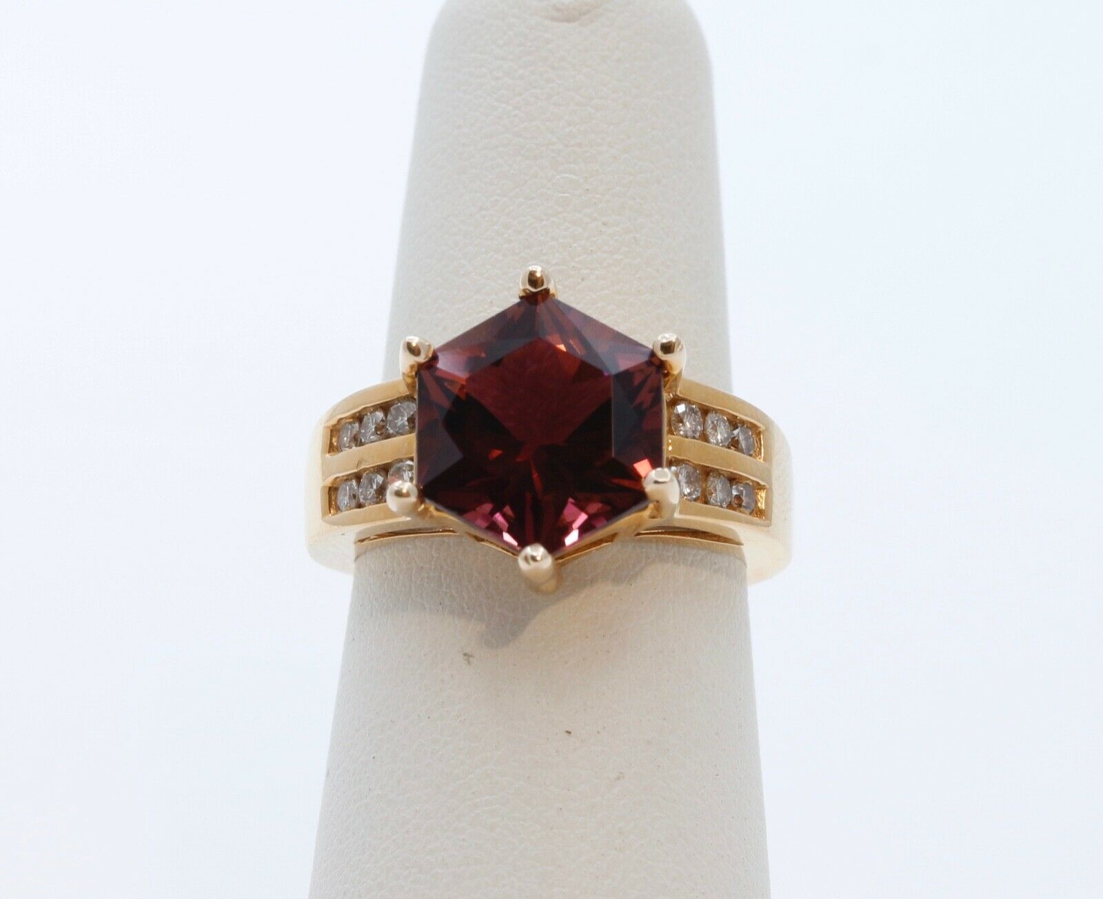 Large Pinkish Purple Hexagonal Cut Tourmaline Diamonds 14K YG Ring