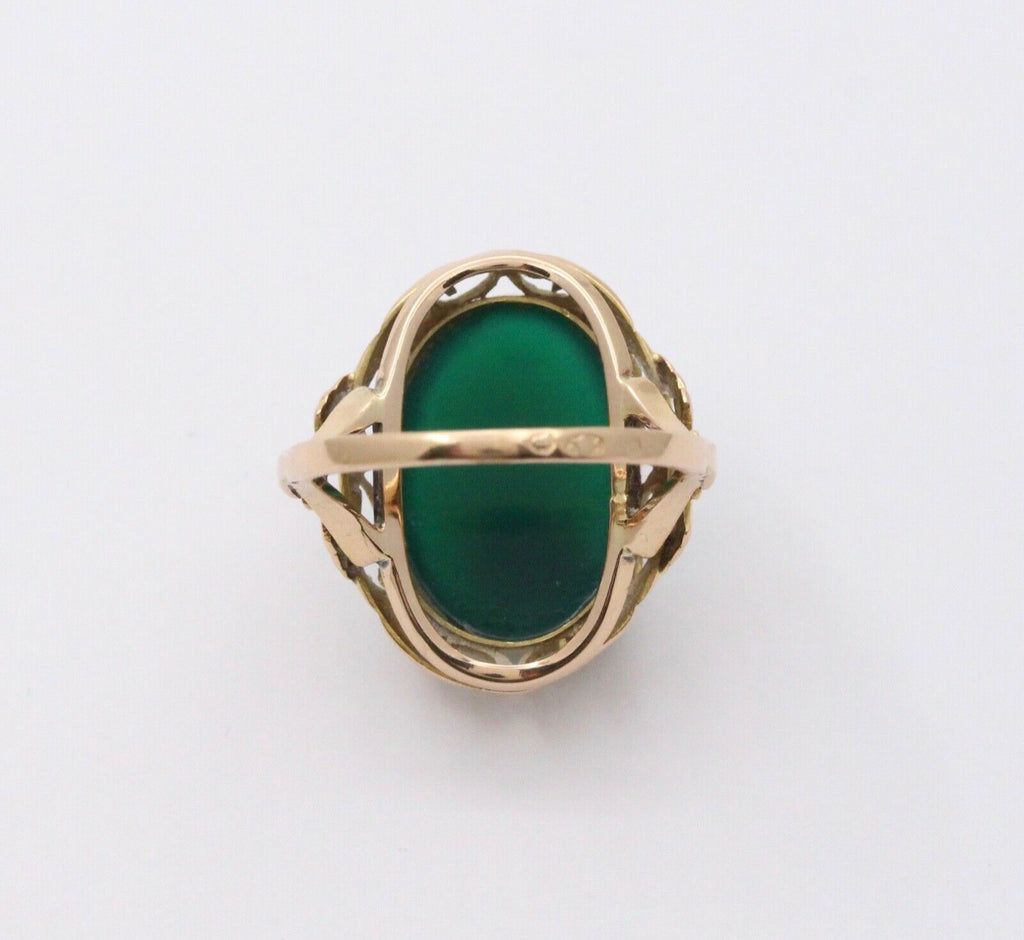 Vintage Polish Green Chalcedony Cocktail 14K Yellow Gold Ring