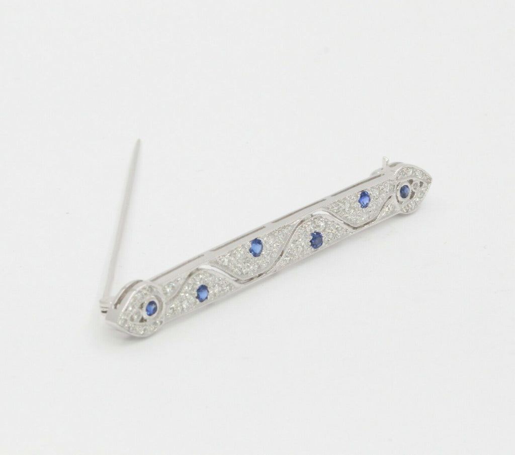 Vintage 18K White Gold Diamond Sapphire Bar Pin