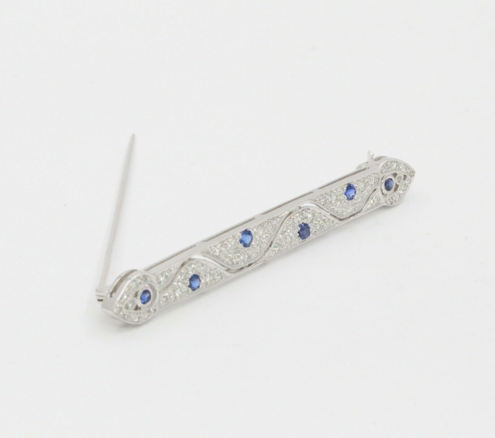 Vintage 18K White Gold Diamond Sapphire Bar Pin