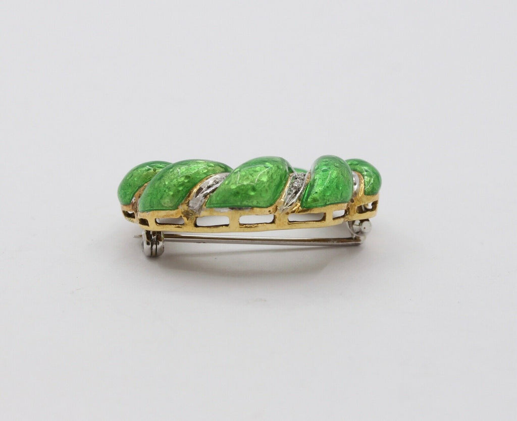 Vintage Ladies 18K Yellow White Gold Green Enamel Brooch Pin