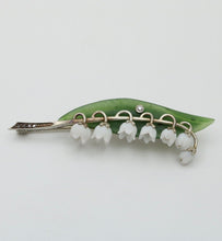 Load image into Gallery viewer, Art Deco Lily of the Valley Jade Rose Cut Diamonds 14K White Gold Brooch Pin
